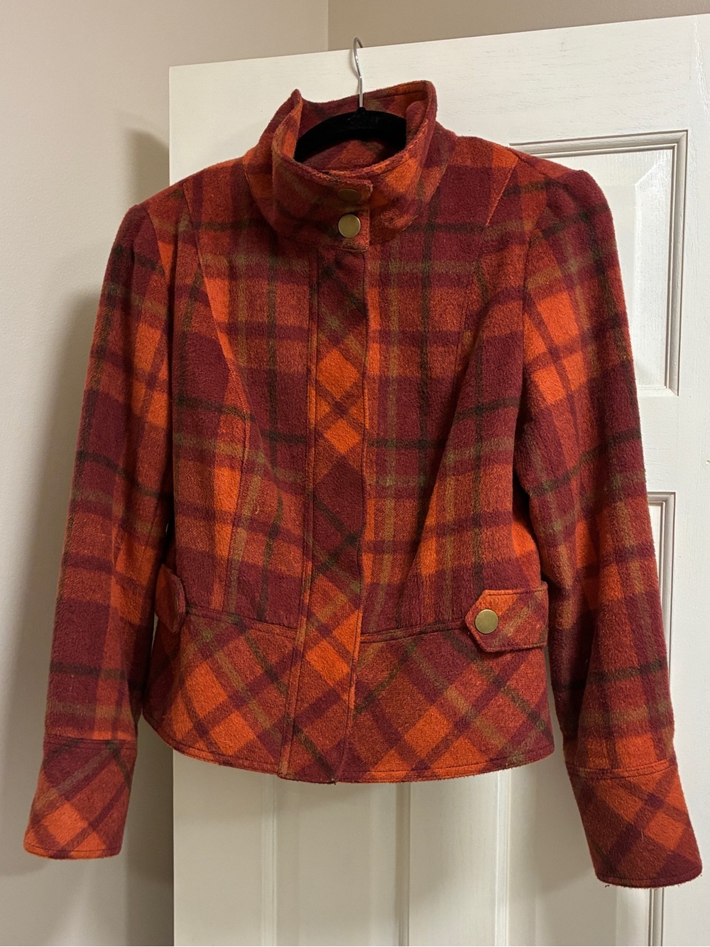 Abbie Mags Women's Plaid Funnel Neck Wool Blend Zip Up Jacket - Orange Red